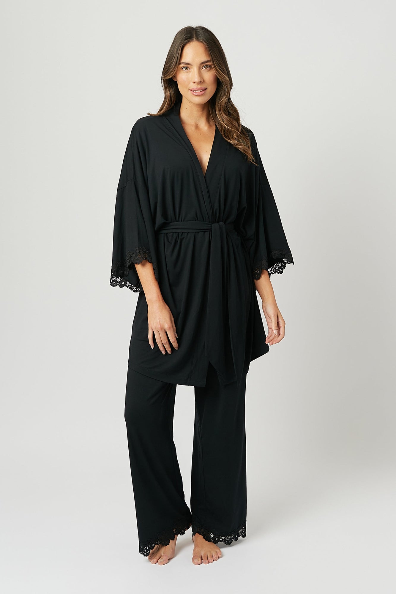 UNE PIECE-Lace Trim Modal Robe BLACK