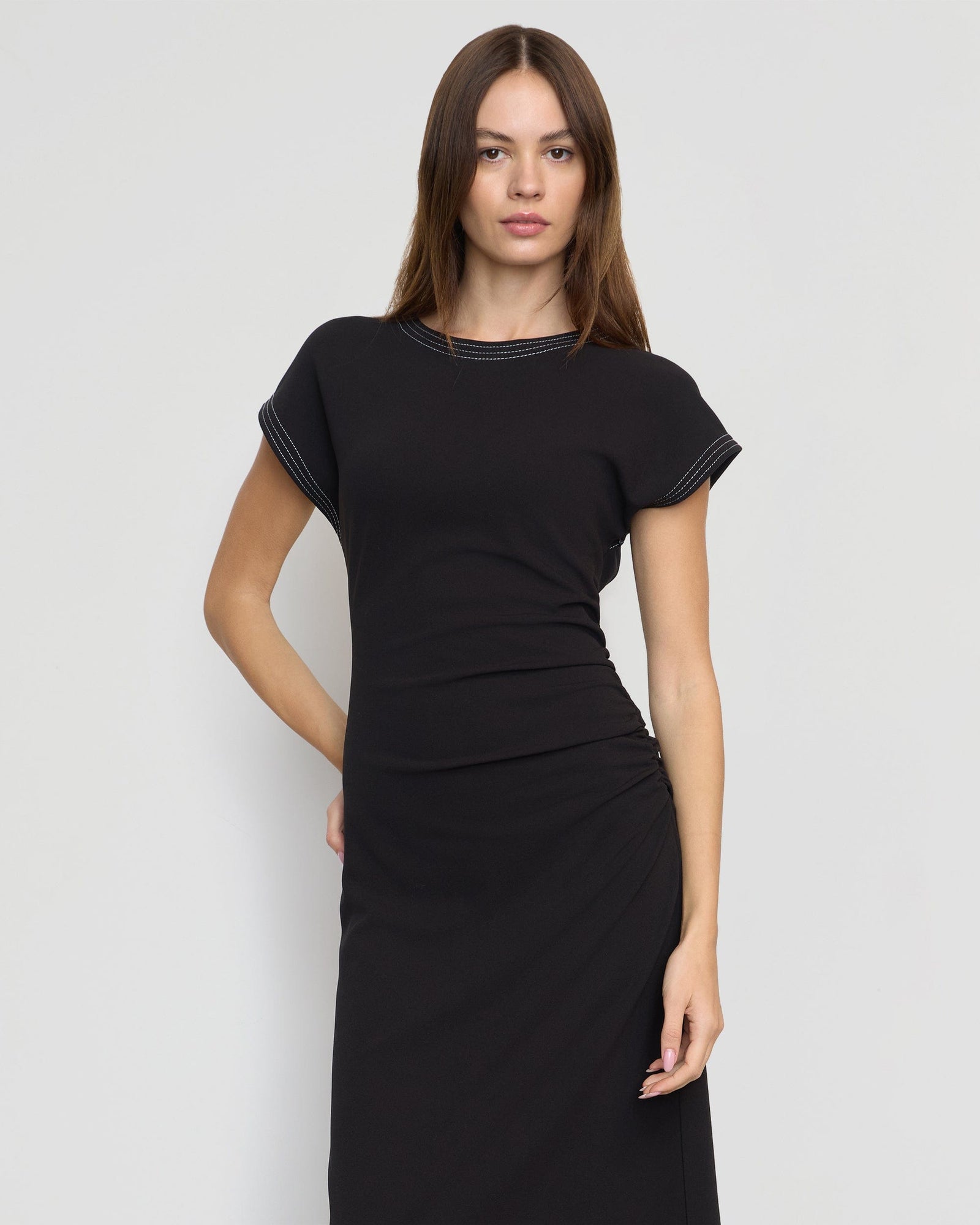 Vela Contrast-Stitch Ruched-Waist Dress | Black