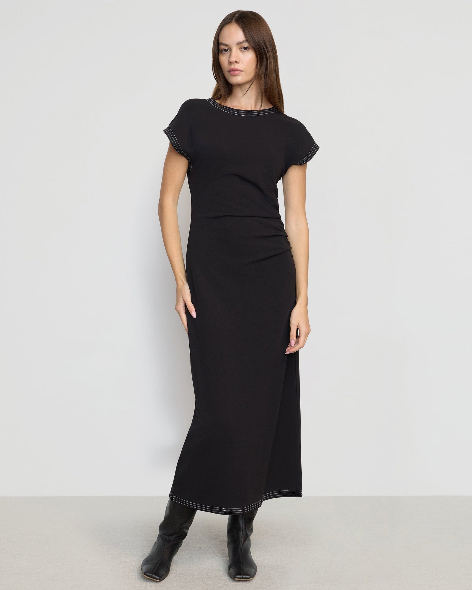 Vela Contrast-Stitch Ruched-Waist Dress | Black