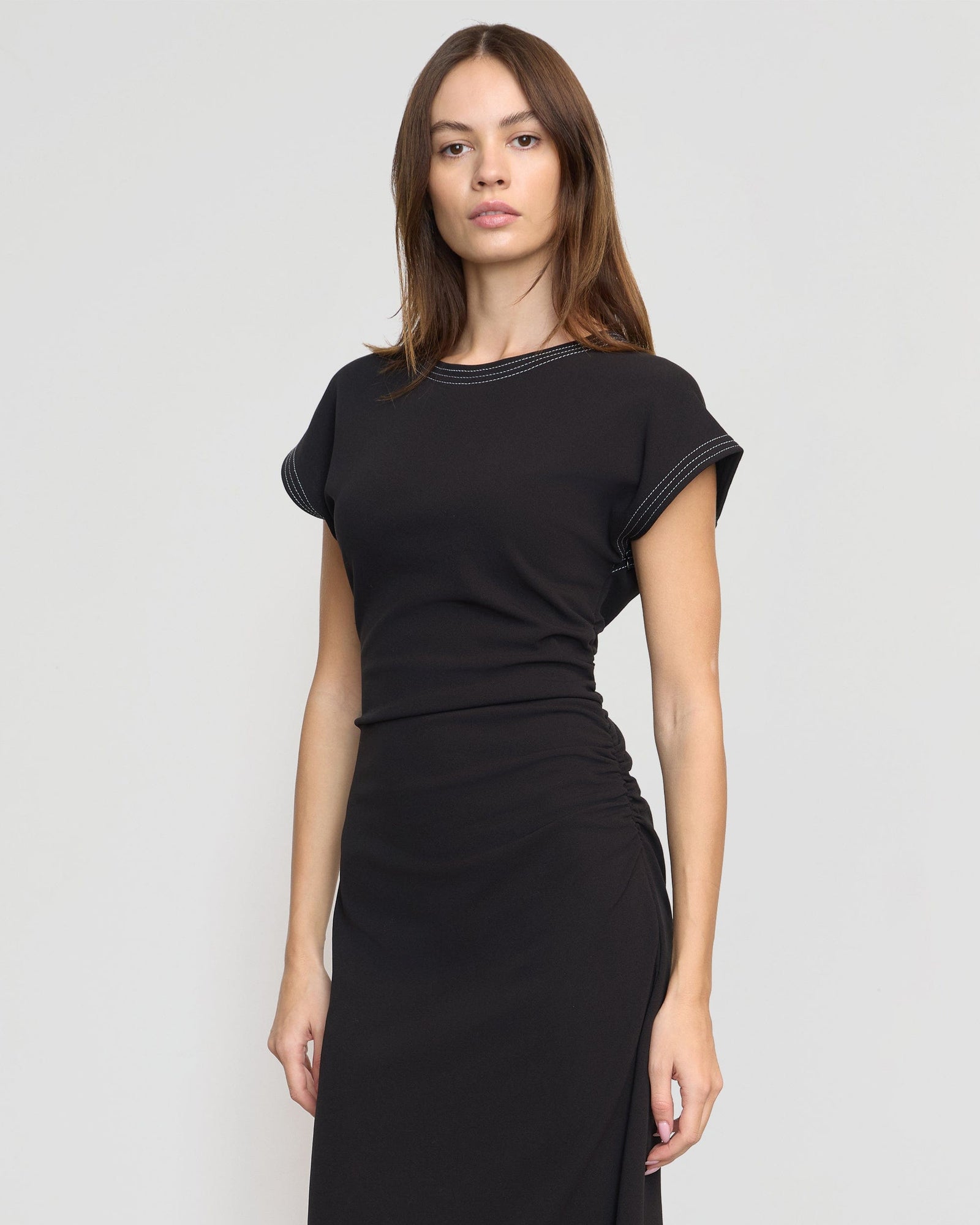 Vela Contrast-Stitch Ruched-Waist Dress | Black