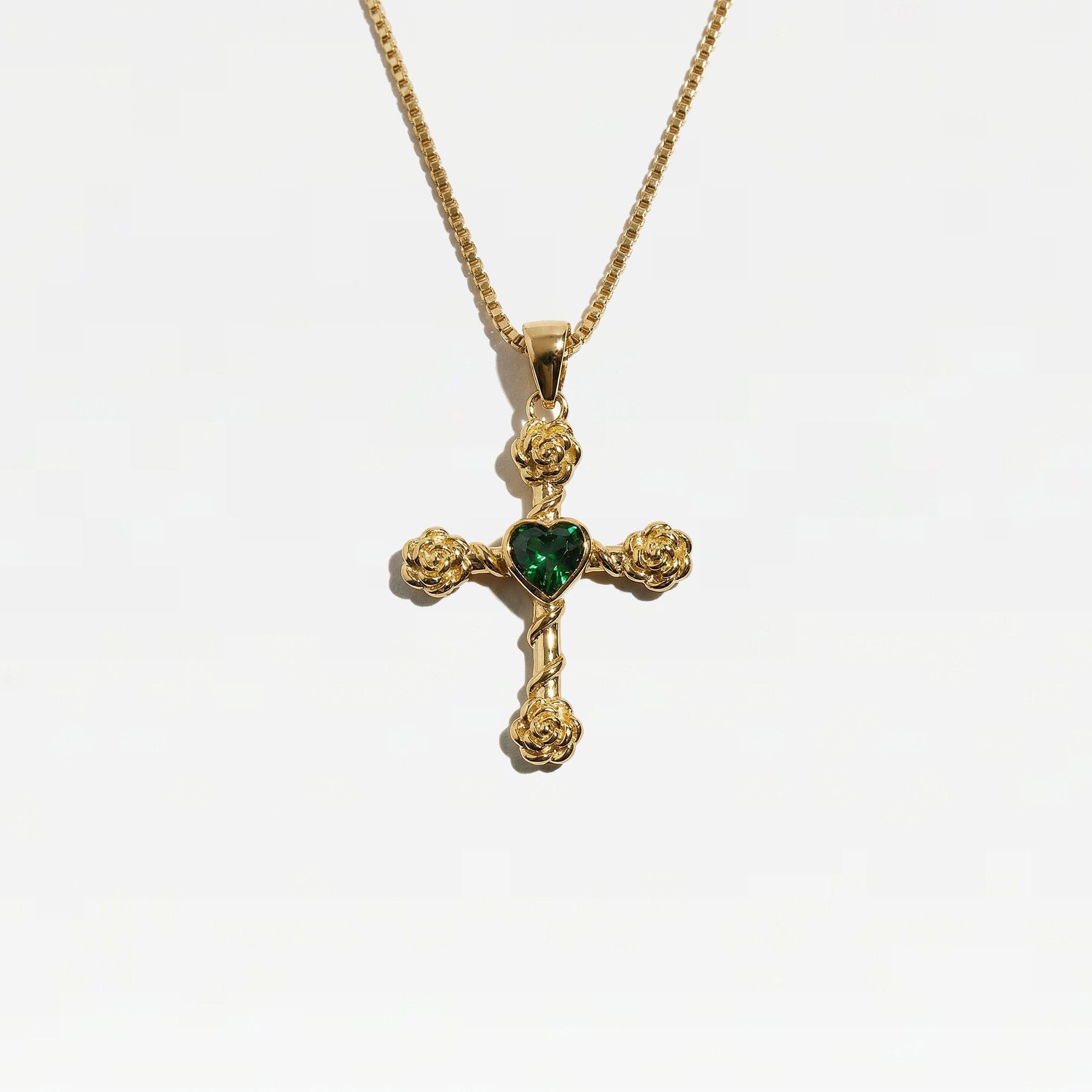 The Emerald Heart Cross Necklace | 18Kt Gold Plated Stainless Steel
