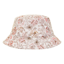Cream bucket hat with pink, coral, and brown floral and scrolling vine print throughout.