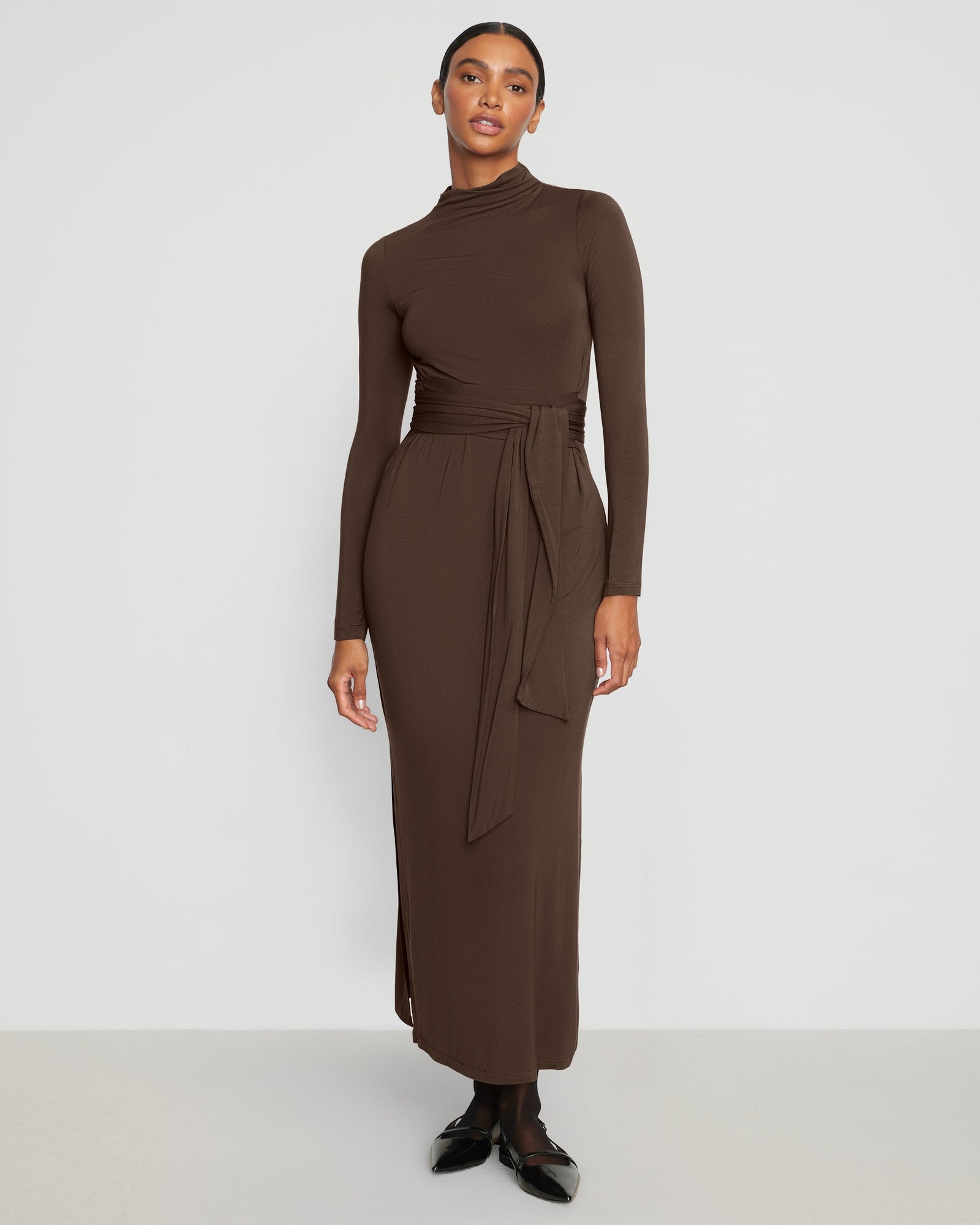 Vero Tie-Front Long-Sleeve Dress | Chocolate