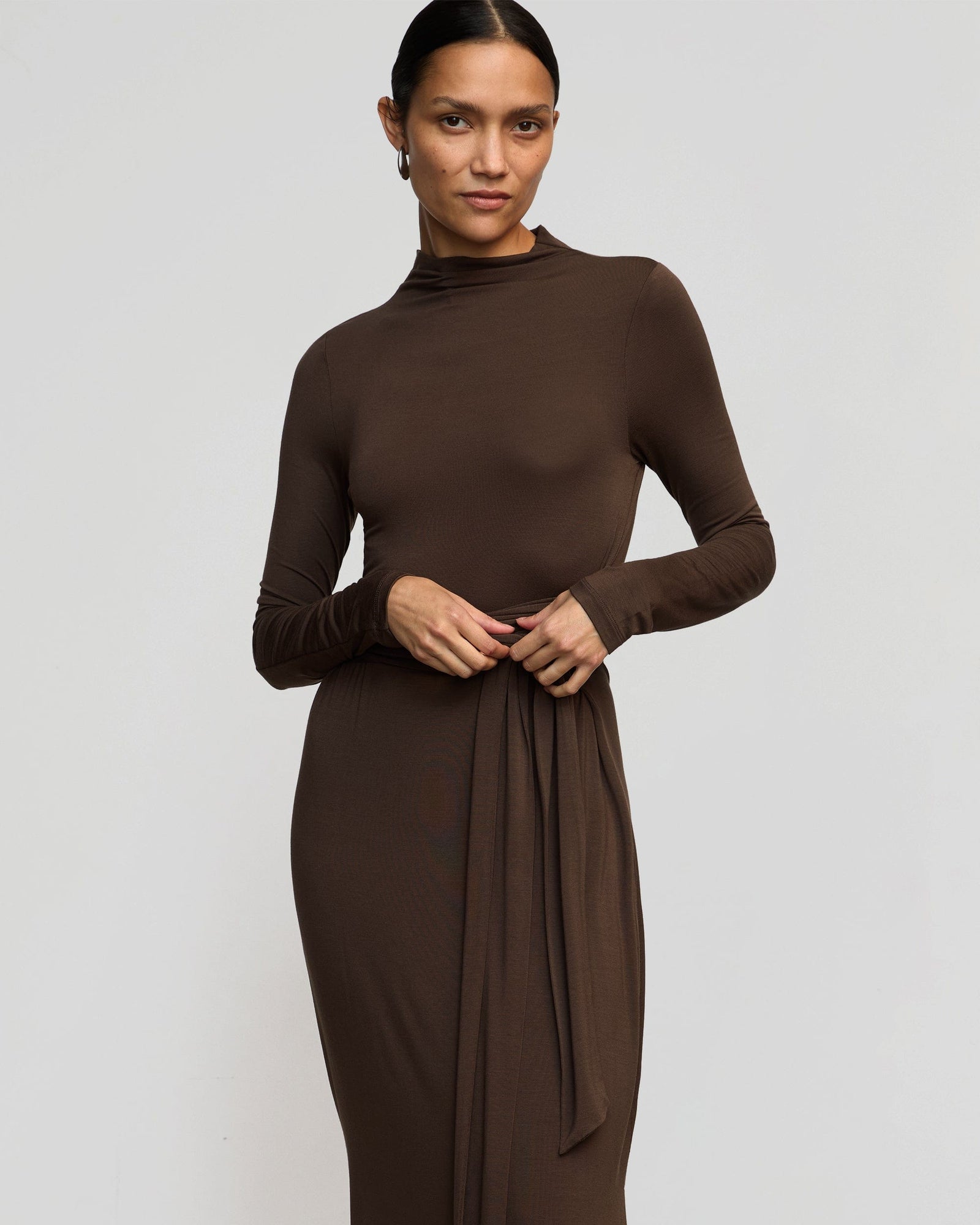 Vero Tie-Front Long-Sleeve Dress | Chocolate