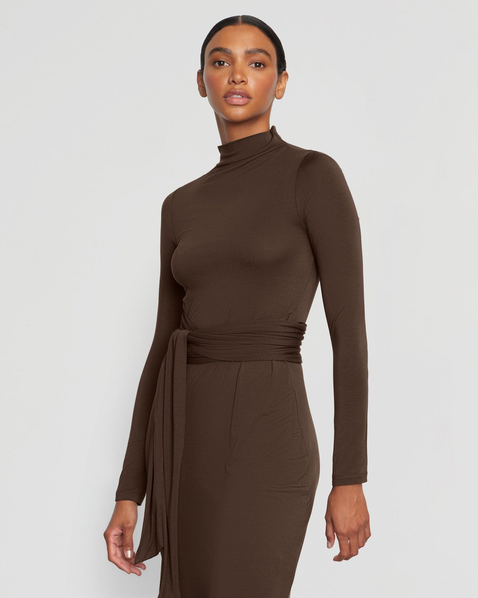 Vero Tie-Front Long-Sleeve Dress | Chocolate