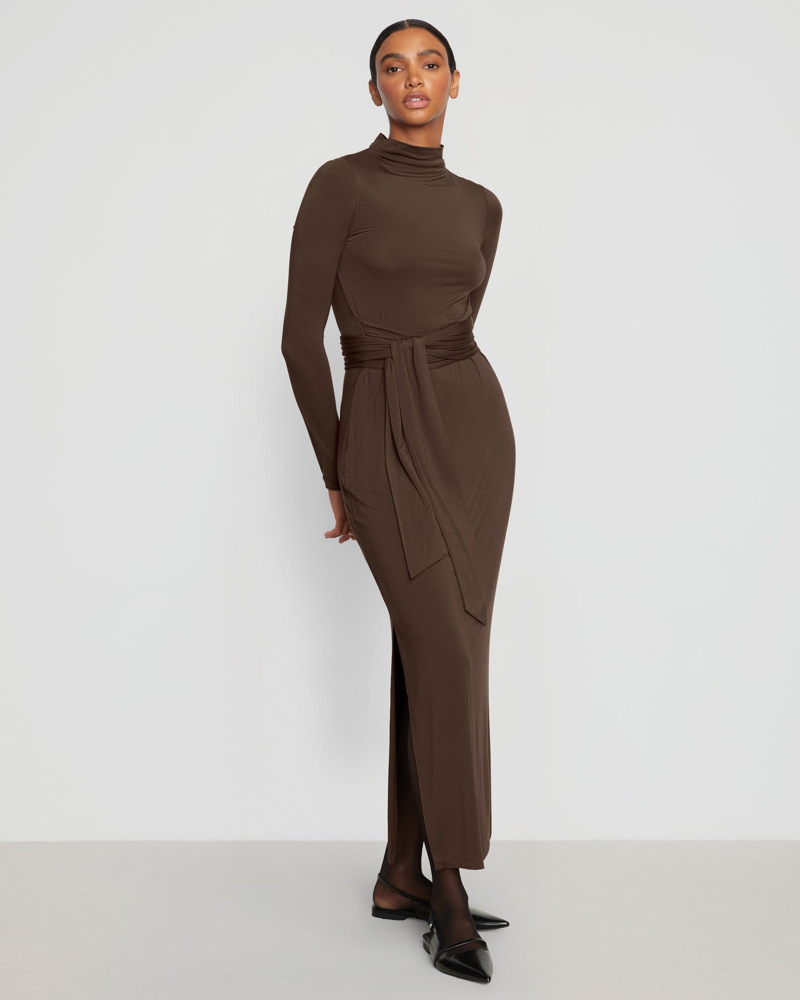 Vero Tie-Front Long-Sleeve Dress | Chocolate