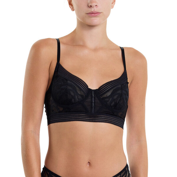 Floral Long Line Underwire Bra | Black