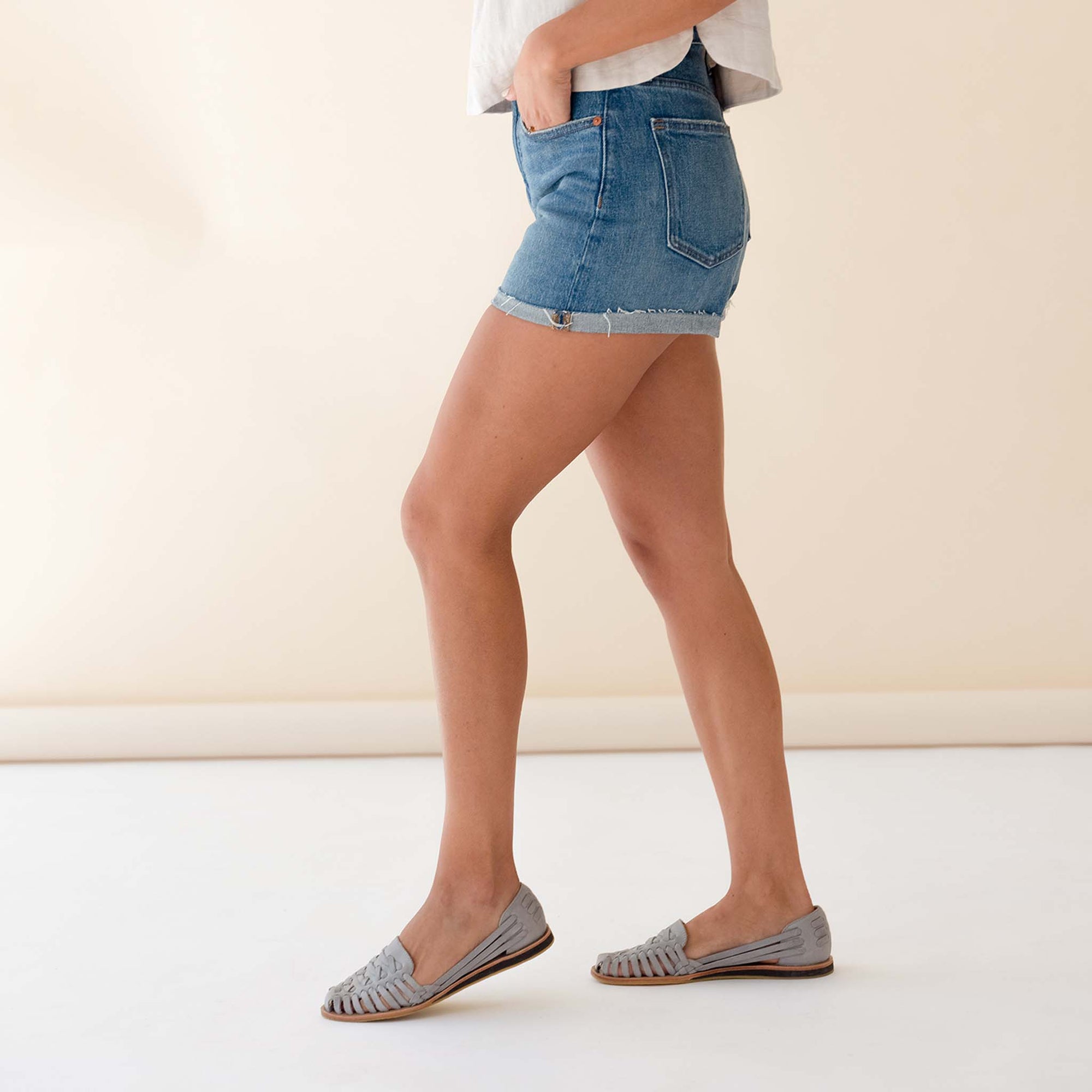 Image 2 Women's Huarache Sandal Sky Grey Women's Leather Sandal Nisolo on Model