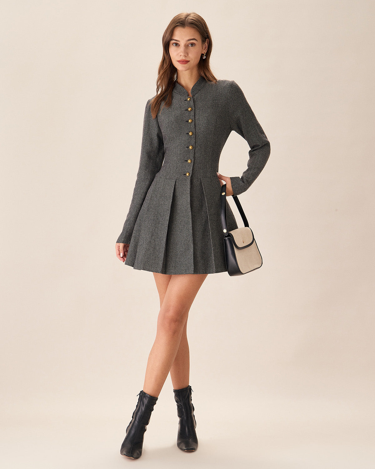 Grey Button Pleated Mini Dress