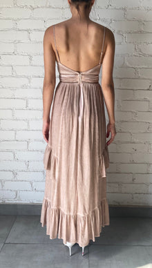 Gaia V-Neck Strapline Sleeveless Center Cutt Long Dress | Beige