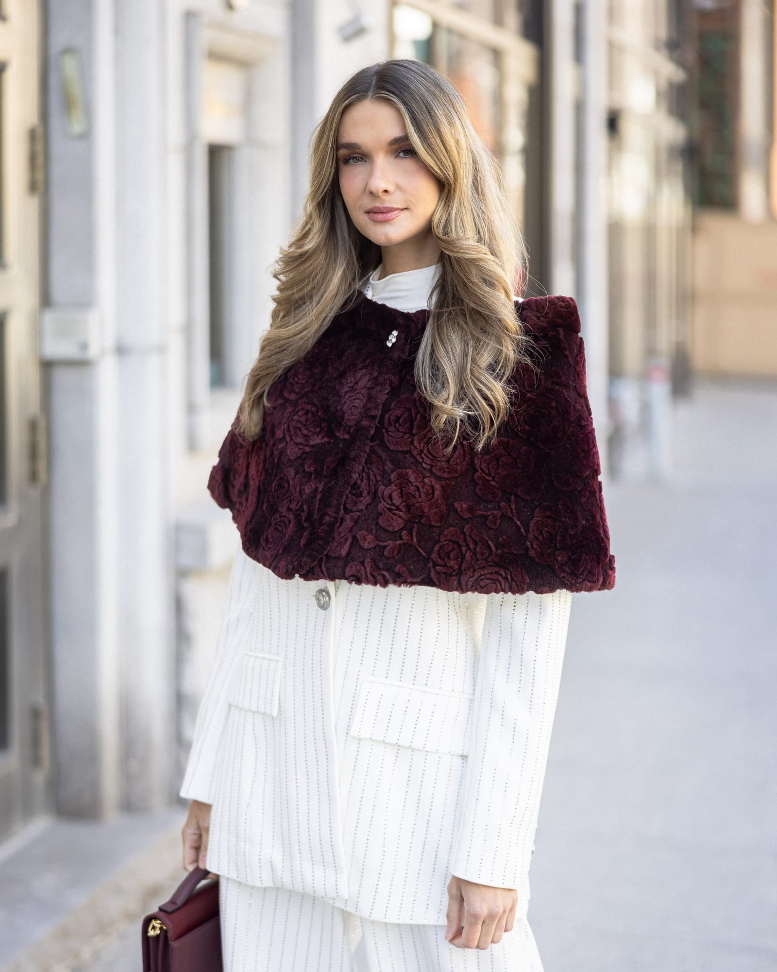 Select Shearling Lamb Rose Printed Capelet | Burgundy
