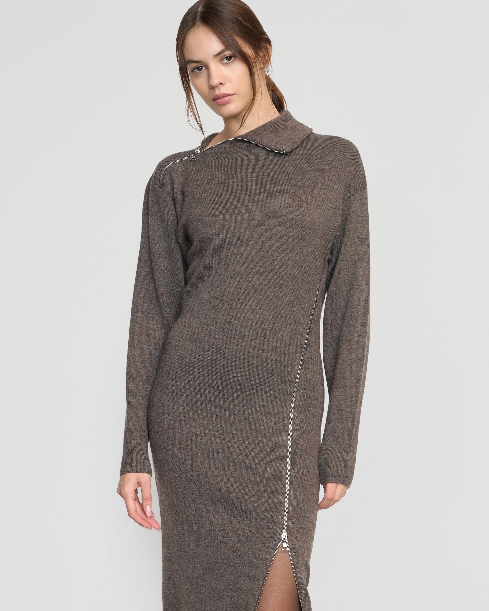 Yara Zipper Sweater Dress | Heather Brown