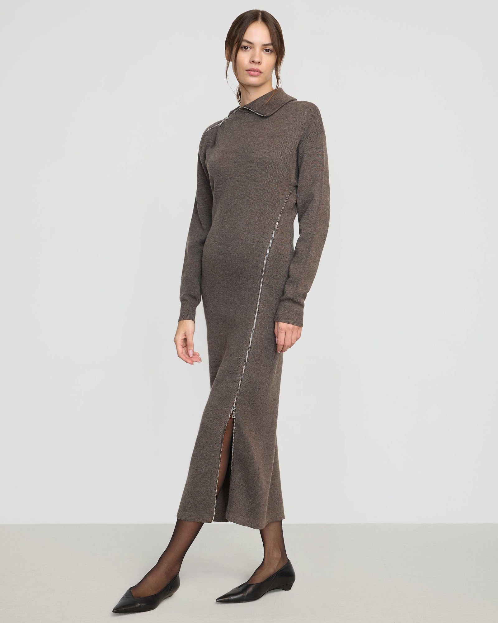 Yara Zipper Sweater Dress | Heather Brown