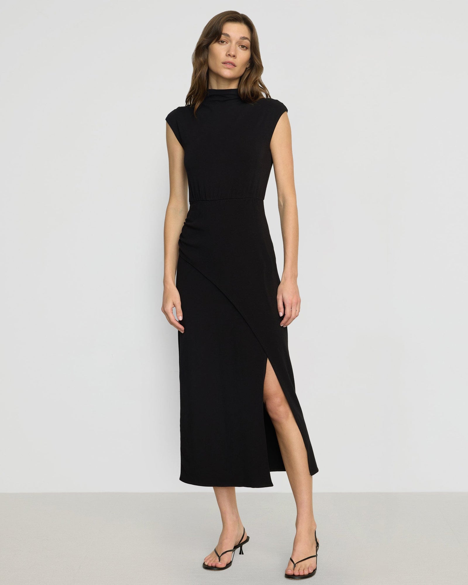 Yimei Mock-Neck Side-Slit Dress | Black