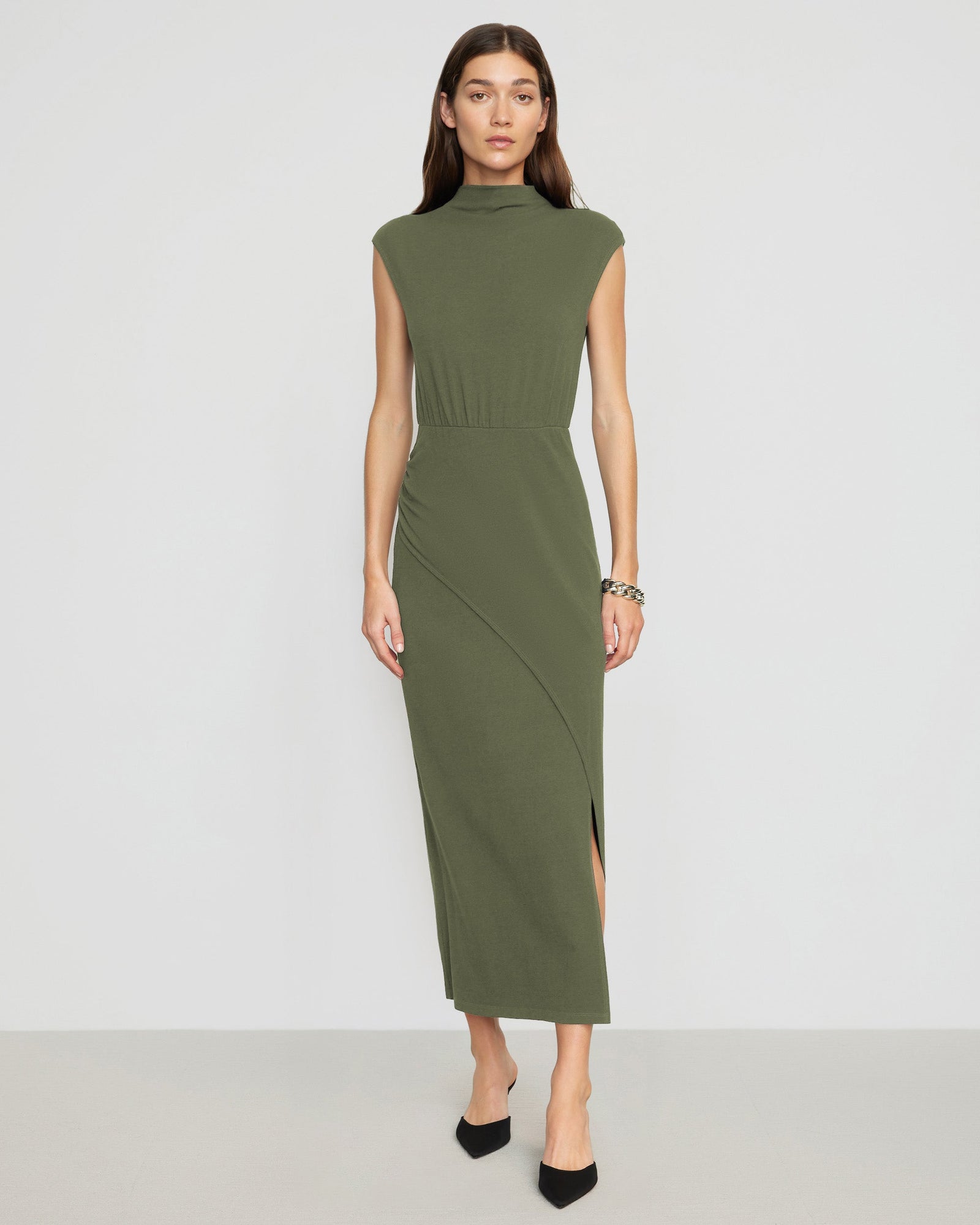 Yimei Mock-Neck Side-Slit Dress | Camo
