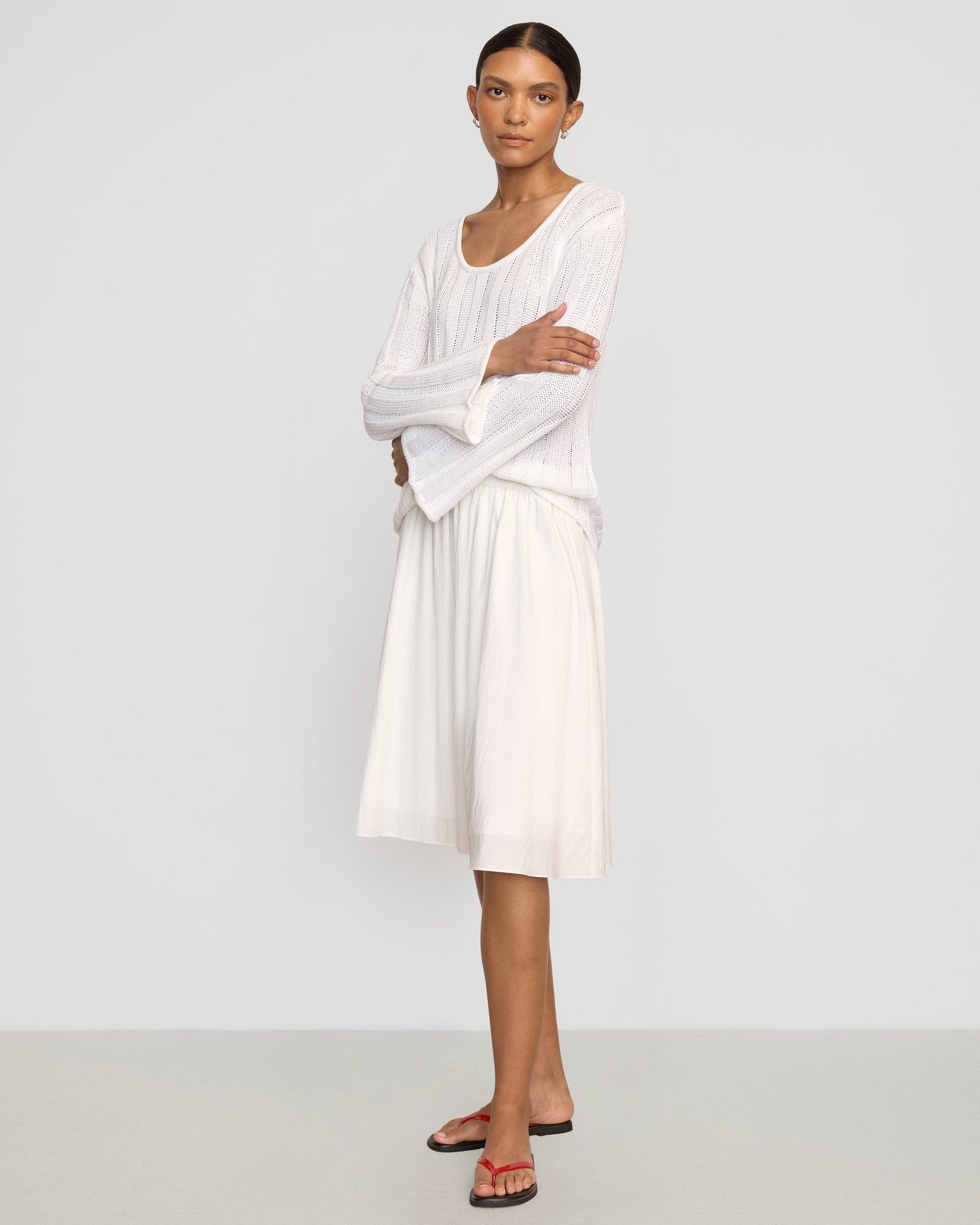 Zazie Shirred Stretch-Waist Midi Skirt | White